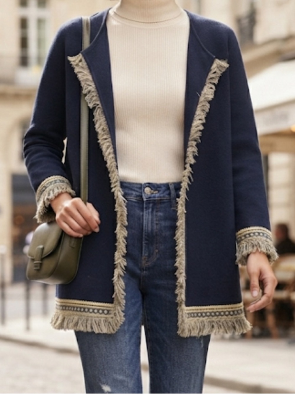 CHICO’S Coatigan Navy Blue Embroidered Fringe Trim Open Cardigan Size 12